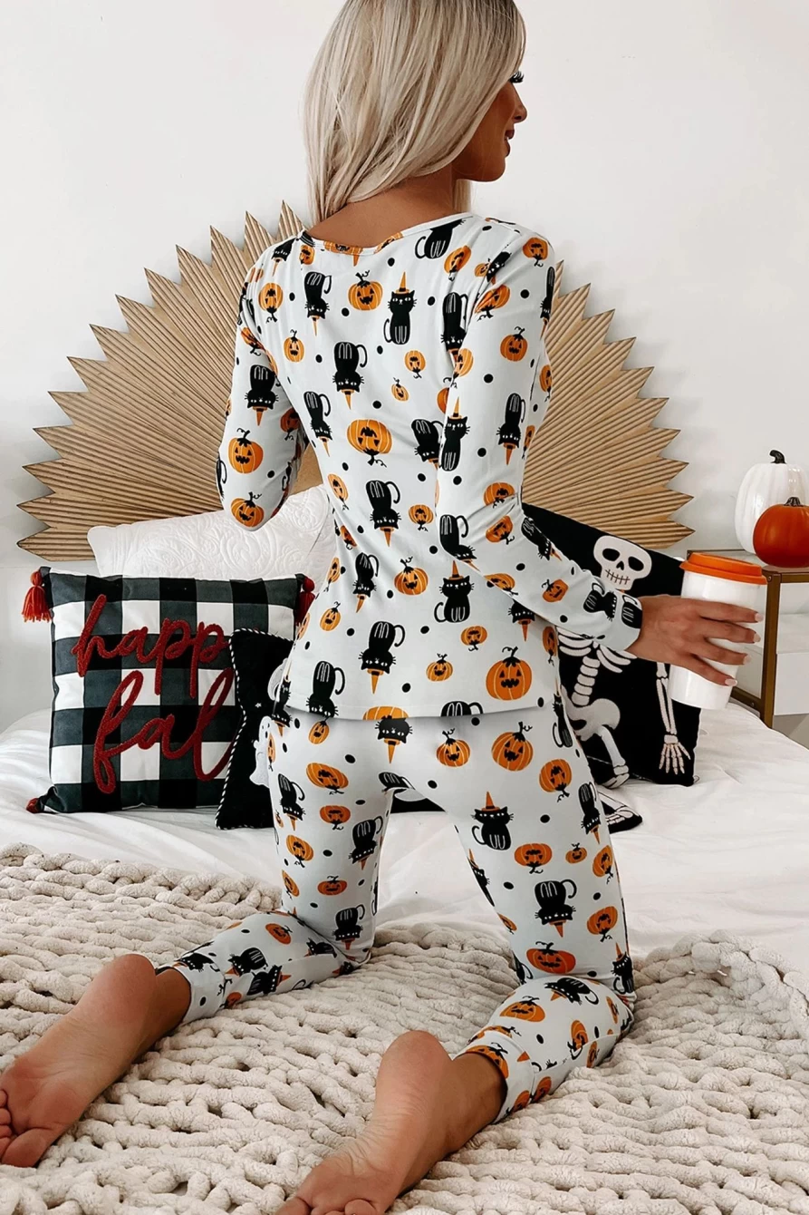 "Women's White Halloween Printed Slim Fit Loungewear Set by Shewin"