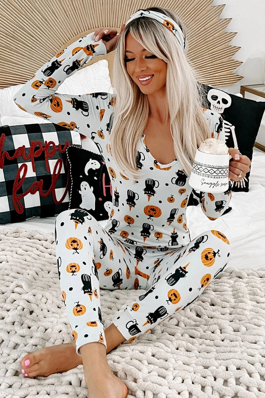 "Women's White Halloween Printed Slim Fit Loungewear Set by Shewin"