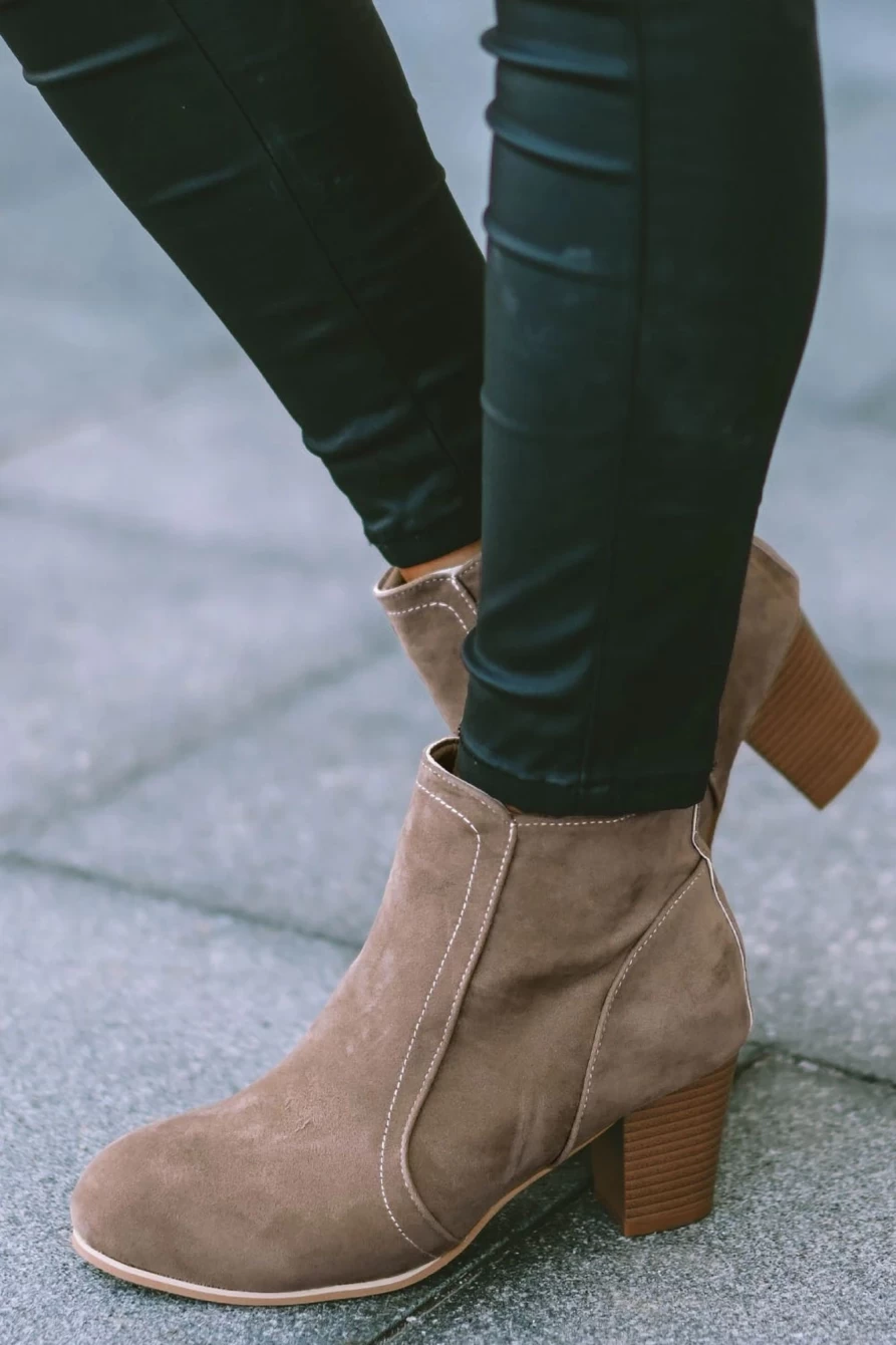 Shewin Women's Beige Faux Suede Zip-Up Heeled Booties