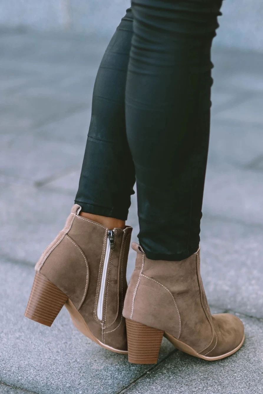 Shewin Women's Beige Faux Suede Zip-Up Heeled Booties