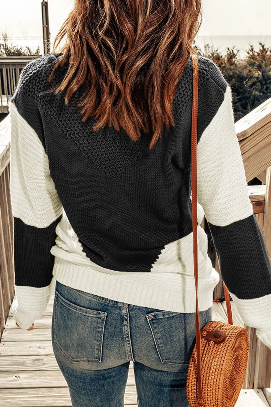 Shewin Women's Black Colorblock Chevron Pullover Sweater Casual Knit Top
