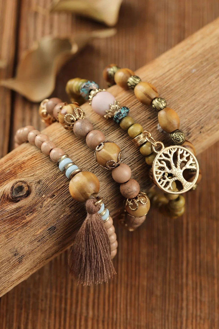 "Shewin Brown Wood Bead Bracelet for Women - Tree of Life Charm with Layered Tassels"