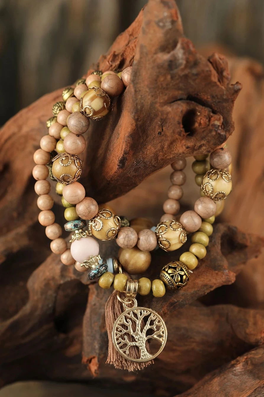 "Shewin Brown Wood Bead Bracelet for Women - Tree of Life Charm with Layered Tassels"