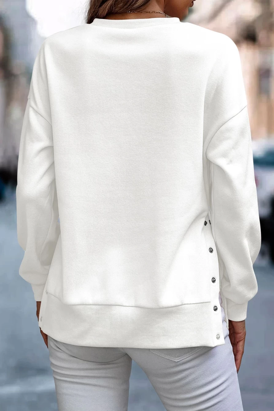 Women's White Solid Color Sweatshirt with Snap Buttons & Side Slits - SHEWIN