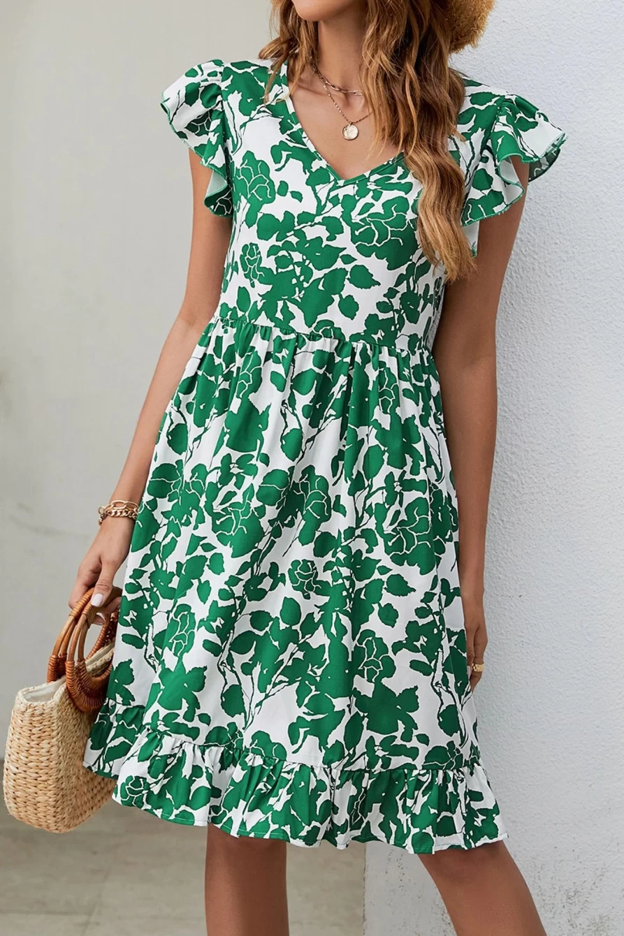 Shewin Women's Dark Green Leaf Print V-Neck Flutter Sleeve Midi Dress