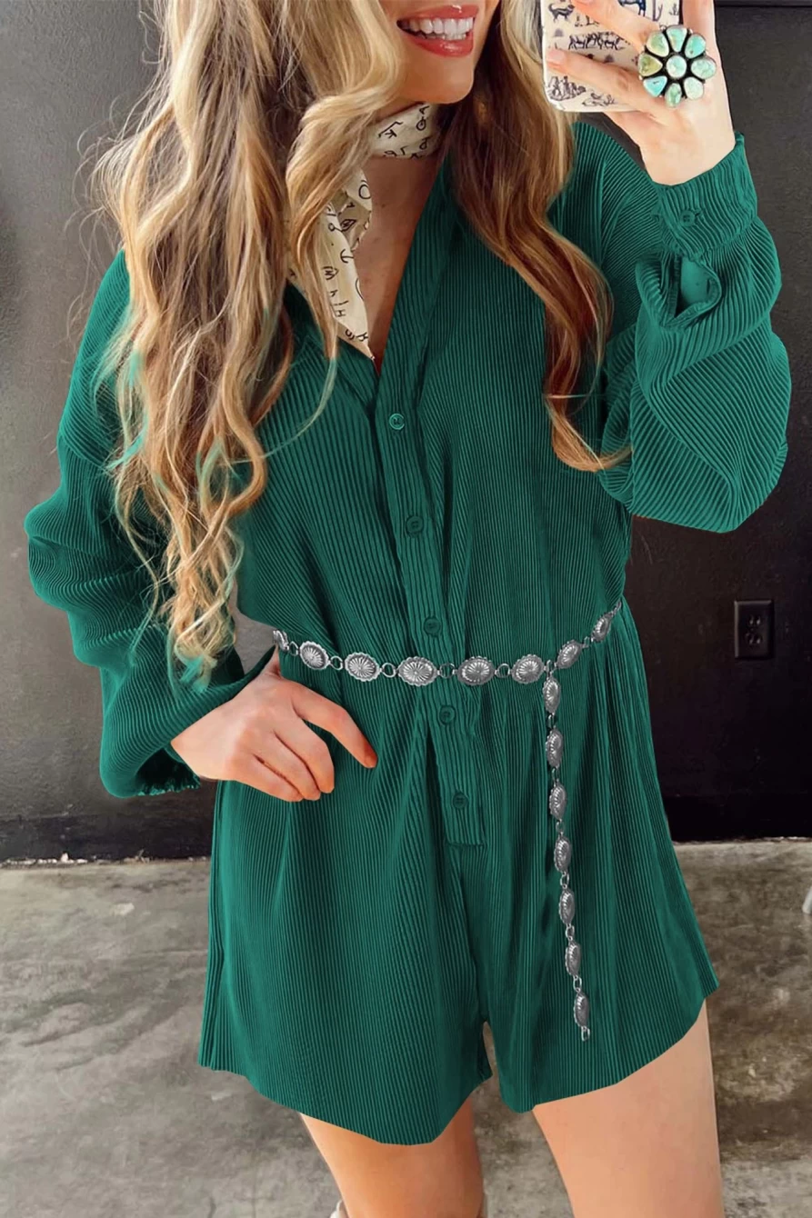Shewin Women's Sea Green Ribbed Corduroy V-Neck Button Front Romper Jumpsuit