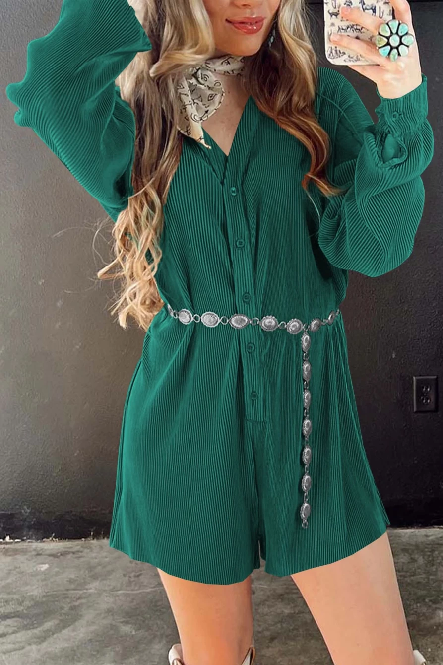 Shewin Women's Sea Green Ribbed Corduroy V-Neck Button Front Romper Jumpsuit