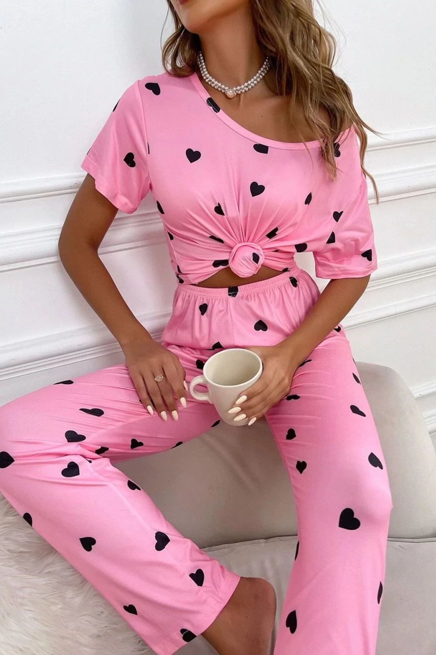 Shewin Women's Pink Valentine's Day Pajama Set - Heart Print Tee & Pants Sleepwear