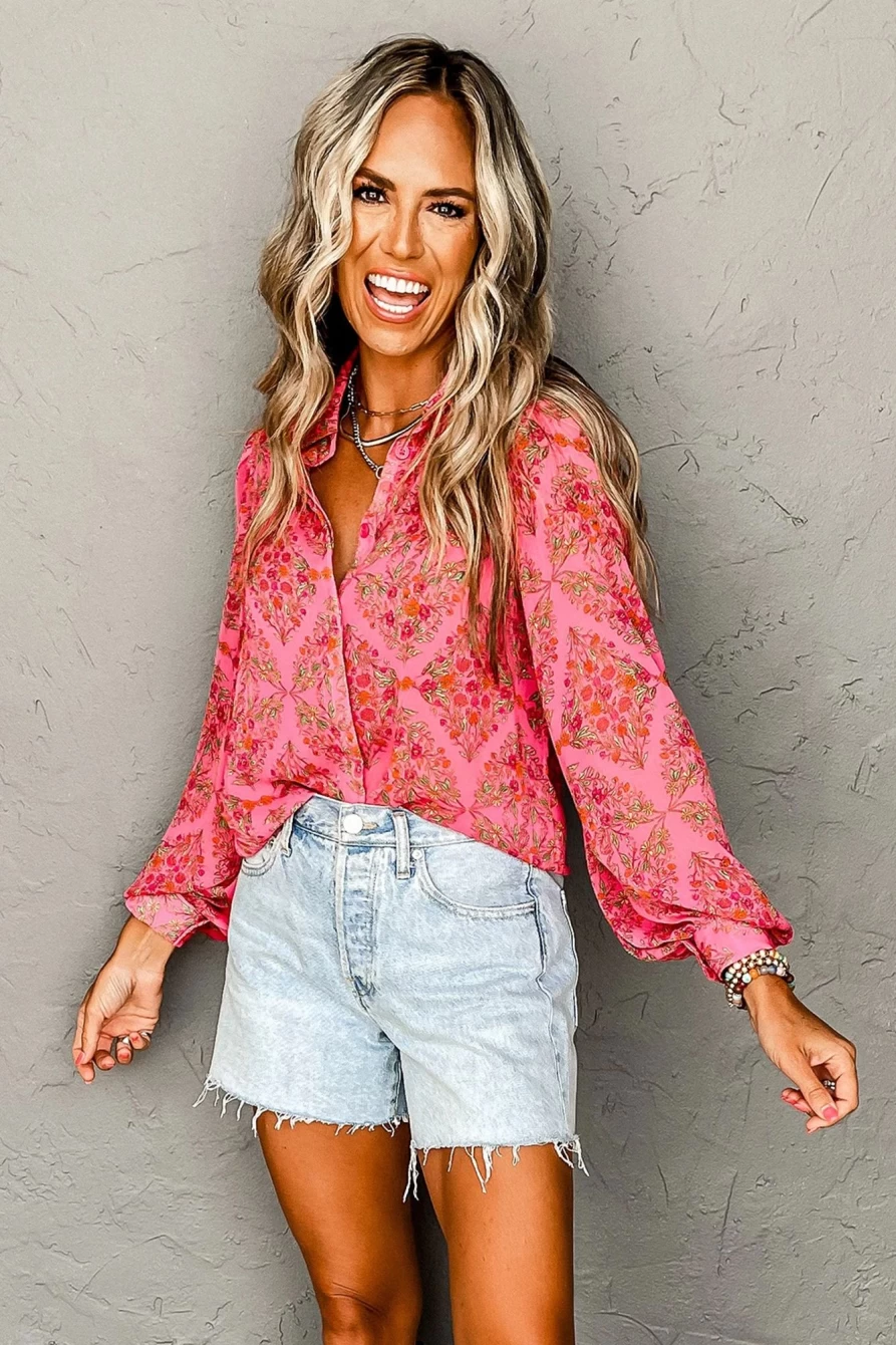 Shewin Women's Strawberry Pink Floral Puff Sleeve Blouse - Aesthetic Feminine Top