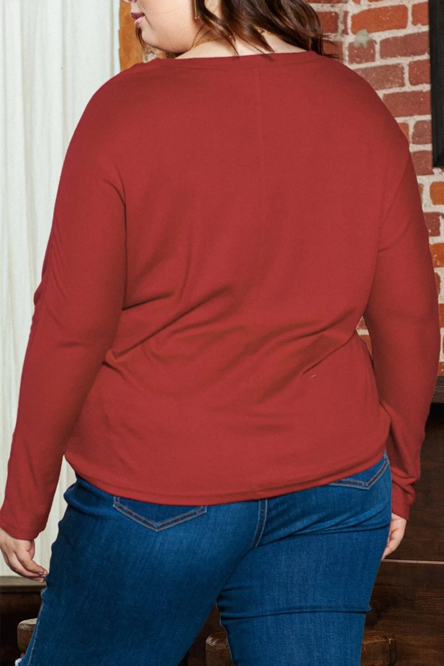 Shewin Women's Plus Size Red Dahlia Long Sleeve Piping Detail Top