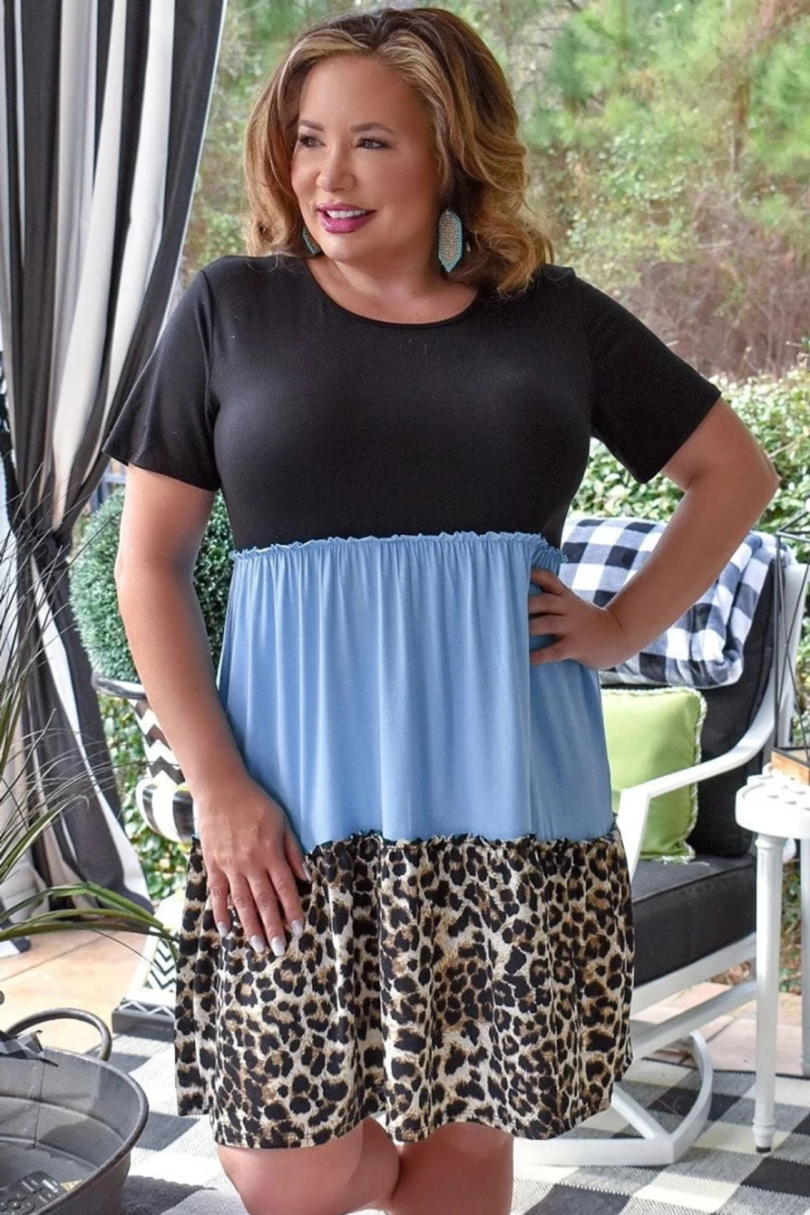 Shewin Women's Sky Blue Color Block Leopard Patchwork Plus Size Shirt Dress