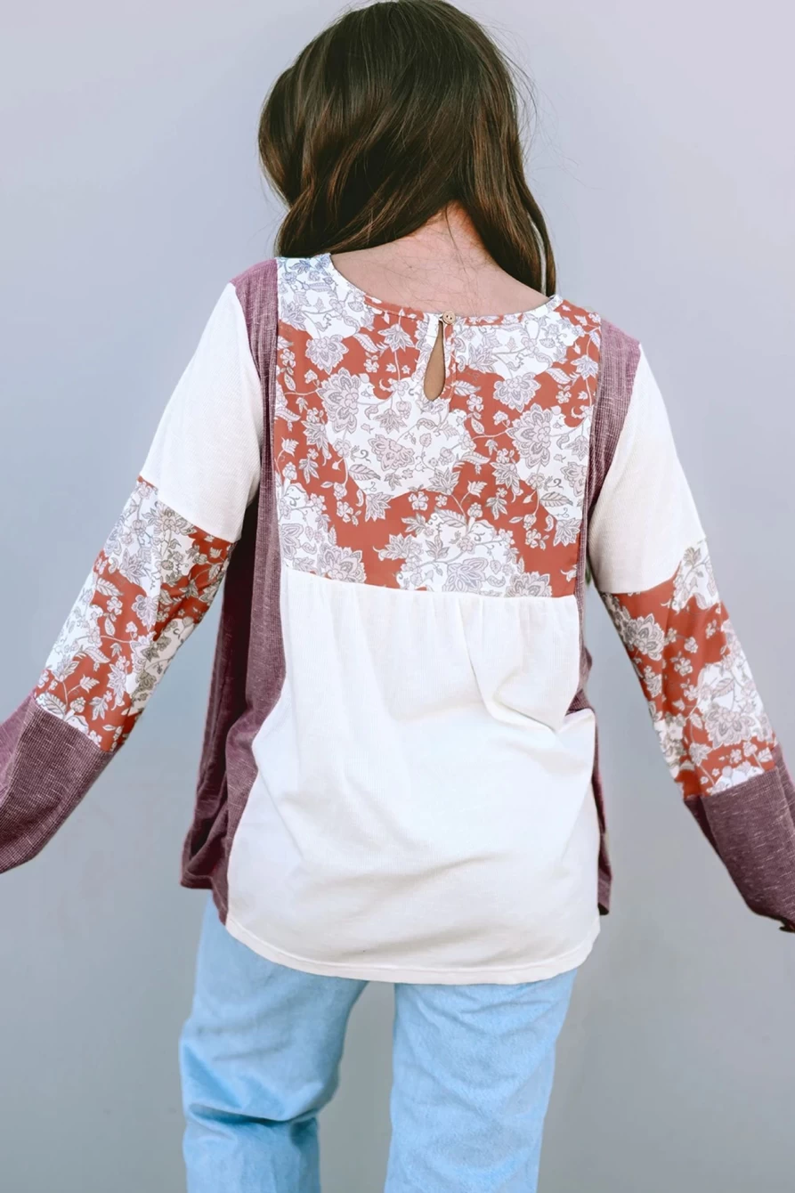 Shewin Women's Multicolor Floral Ribbed Knit Top with Colorblock & Bubble Sleeves