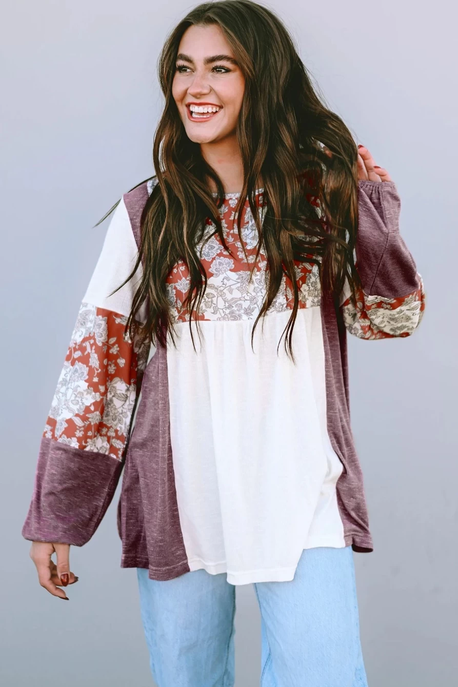 Shewin Women's Multicolor Floral Ribbed Knit Top with Colorblock & Bubble Sleeves