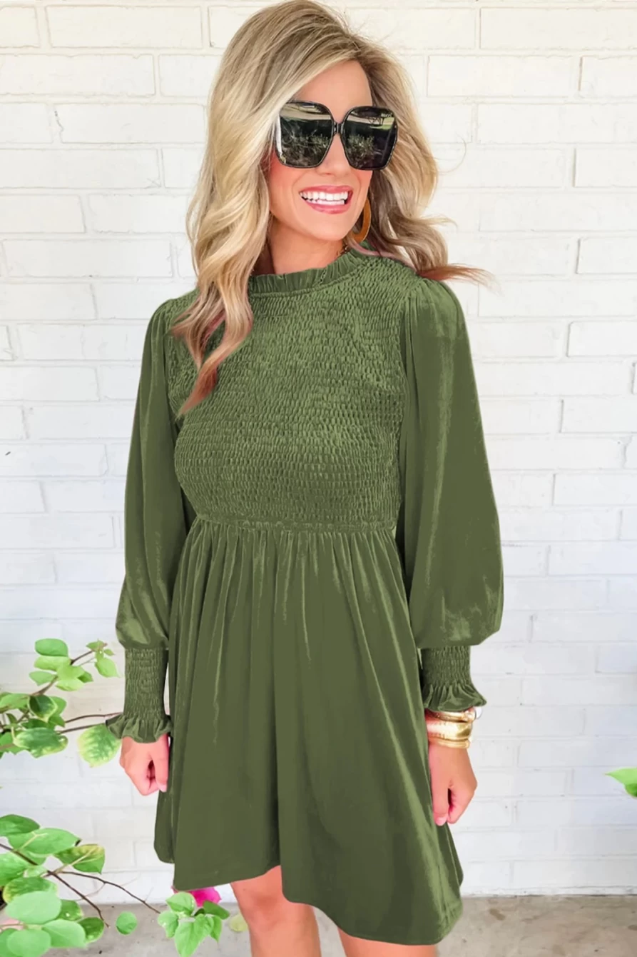 Shewin Women's Moss Green Velvet Dress with Smocked Detail, Lantern Sleeves, and Frilled Hem