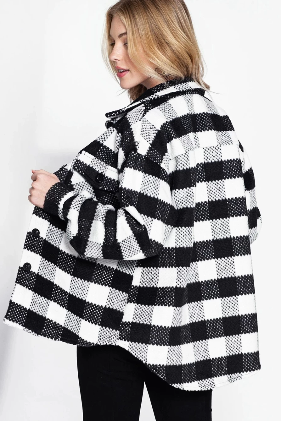 Black Elegant Plaid Textured Flap Pocket Shacket for Women - Shewin