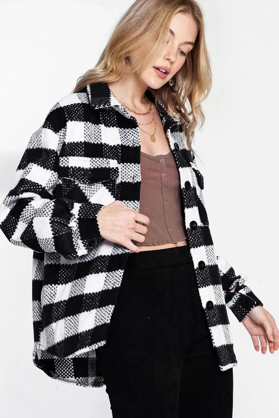 Black Elegant Plaid Textured Flap Pocket Shacket for Women - Shewin