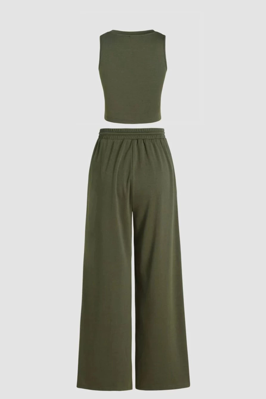 Shewin Women's Jungle Green Solid Cropped Tank Top & Wide Leg Pants Set