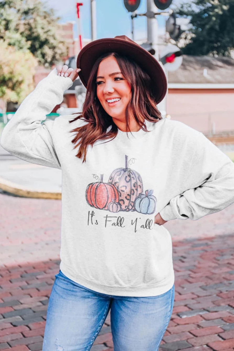 Shewin Women's Gray Plus Size Pumpkin Graphic Pullover Sweatshirt
