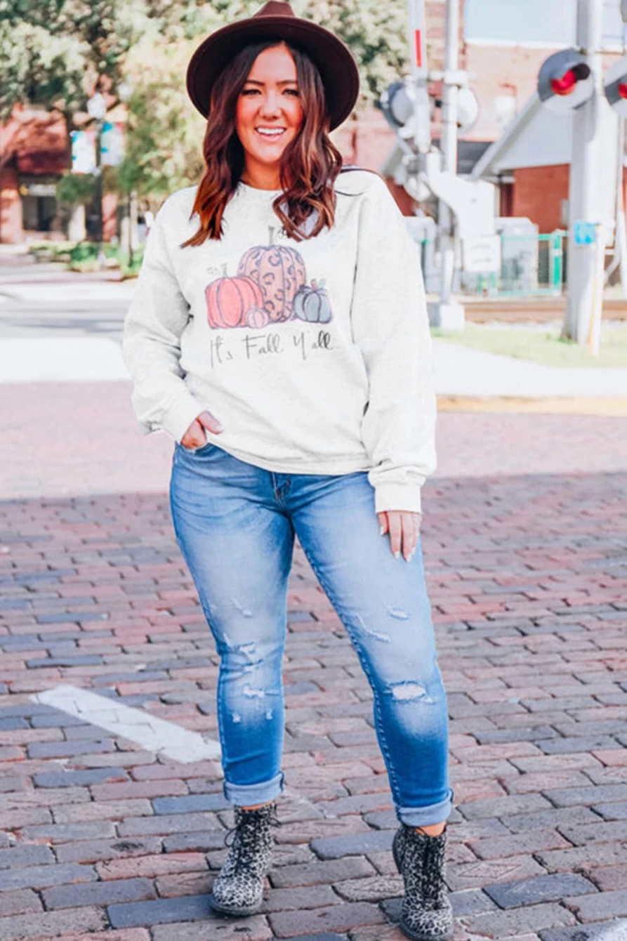 Shewin Women's Gray Plus Size Pumpkin Graphic Pullover Sweatshirt