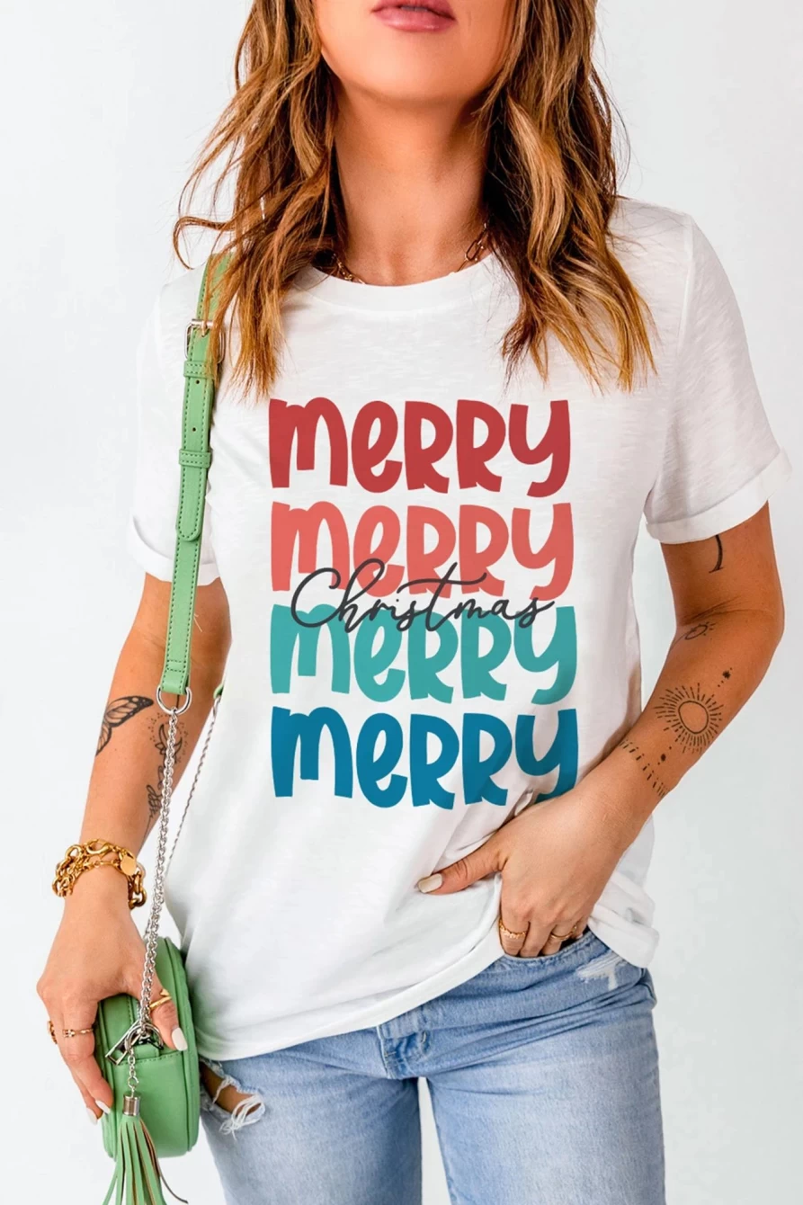 Shewin Women's White Christmas Letter Print Graphic Crew Neck T-Shirt | Merry Christmas Holiday Tee