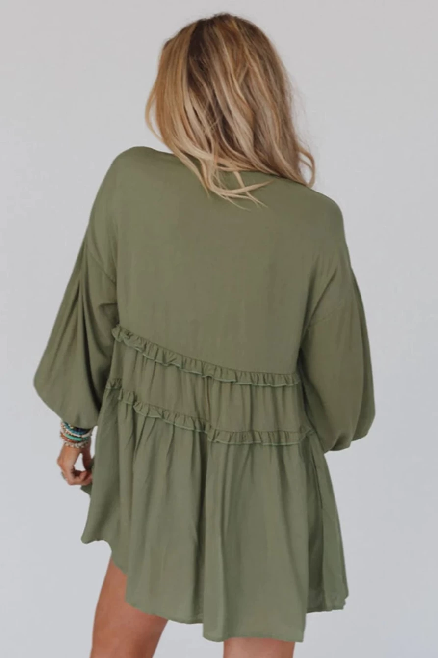 Shewin Women's Green Deep V-Neck Lantern Sleeve Frill Tiered Mini Dress