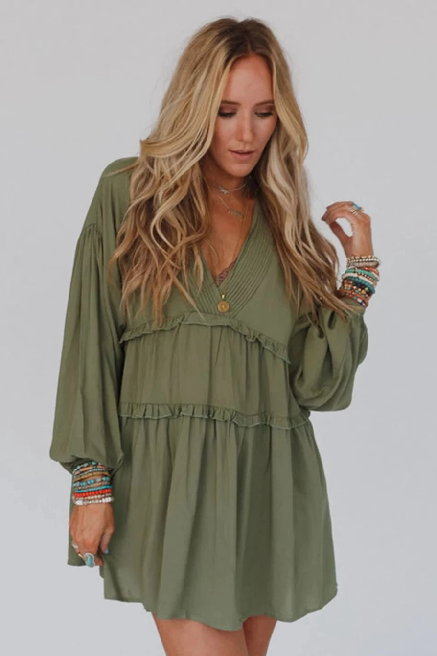 Shewin Women's Green Deep V-Neck Lantern Sleeve Frill Tiered Mini Dress