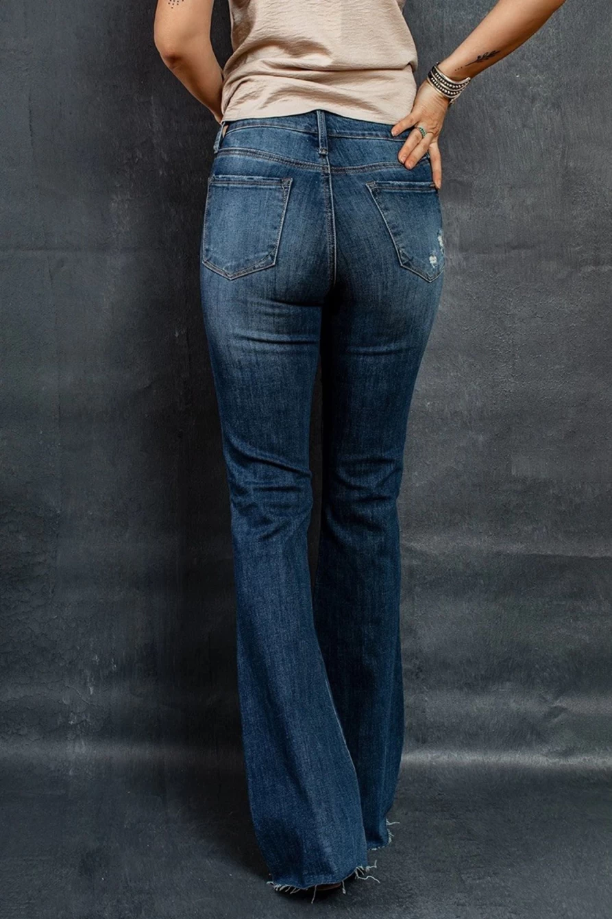 Shewin Women's Blue Dark Wash Ripped Mid Rise Flare Jeans for a Stylish Look