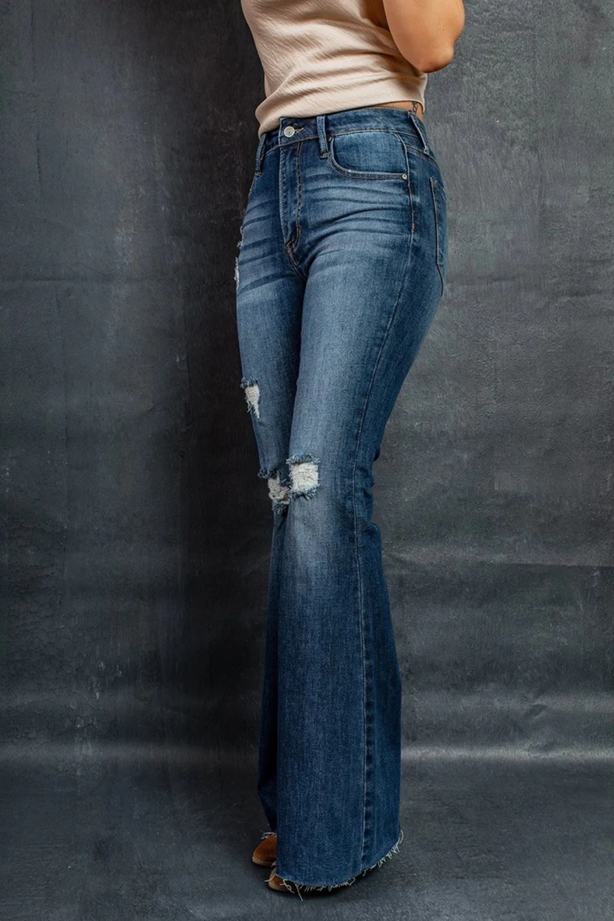 Shewin Women's Blue Dark Wash Ripped Mid Rise Flare Jeans for a Stylish Look