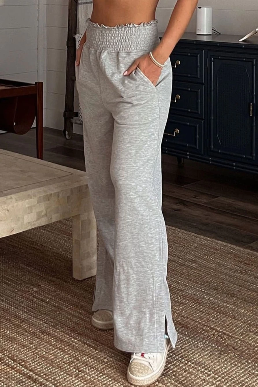 Women's High Waisted Gray Elastic Wide Leg Sweatpants by Shewin - Comfortable & Stylish Lounge Pants