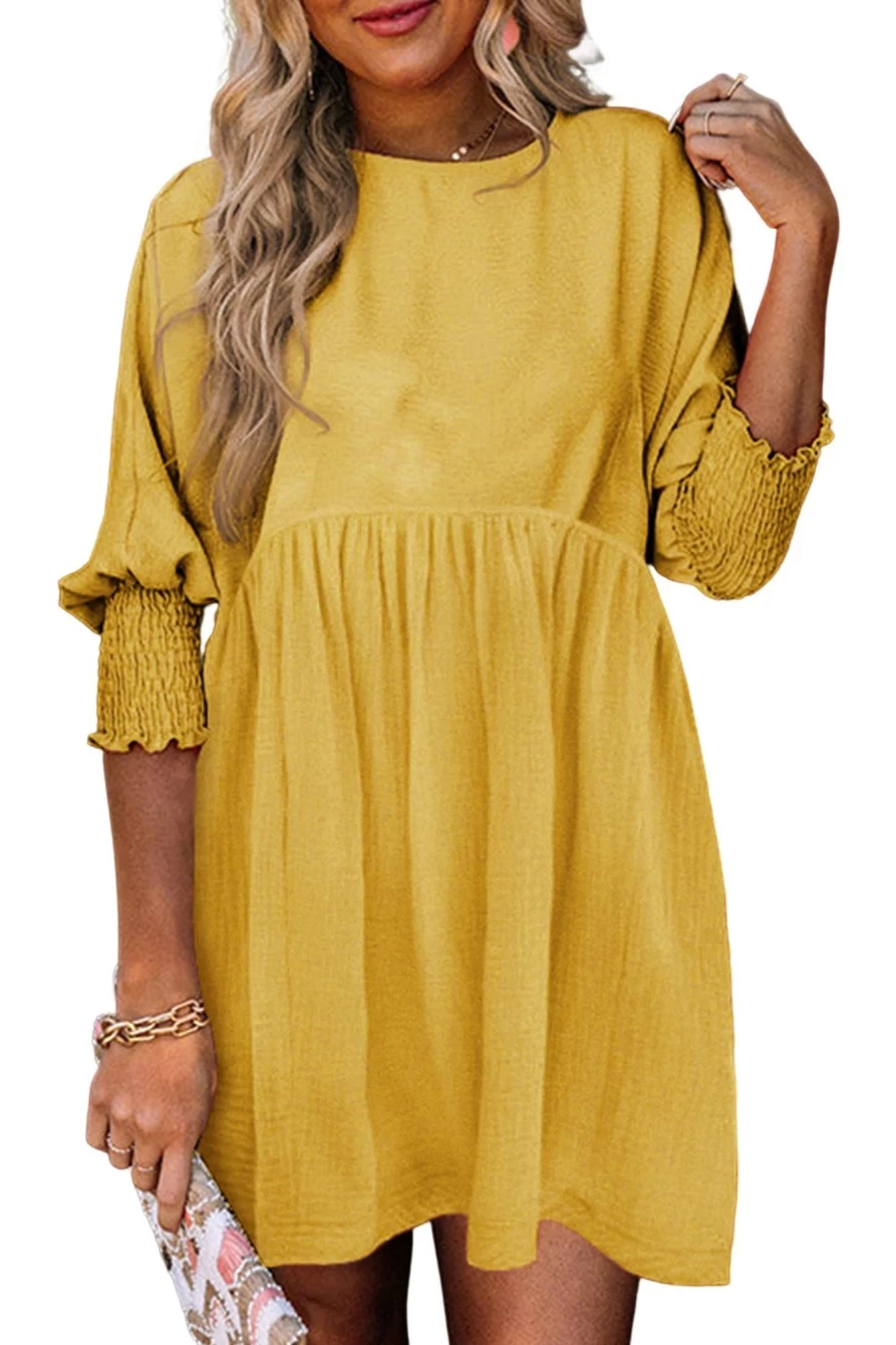 Shewin Women's Yellow Solid Color Babydoll Mini Dress with Shirred Cuffs