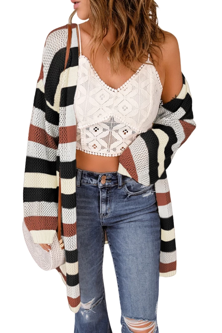 Shewin Women's Black Striped Color Block Casual Hollow Cable Knit Cardigan Sweater