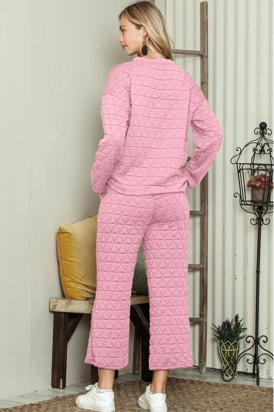 "Shewin Women's Apricot Pink Quilted Long Sleeve Top & Pocket Pants Set"
