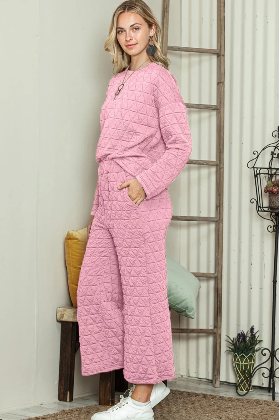 "Shewin Women's Apricot Pink Quilted Long Sleeve Top & Pocket Pants Set"