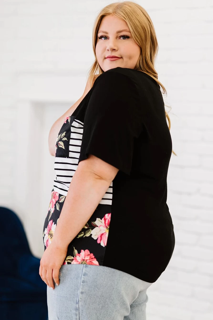 Shewin Women's Black Plus Size Stripe Floral Casual Splicing Block Top