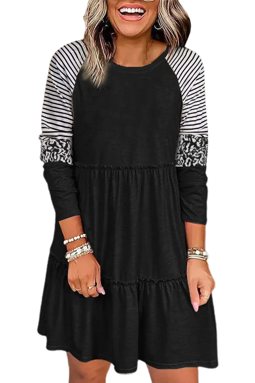 Shewin Women's Black Striped Leopard Print Pleated Long Sleeve Dress