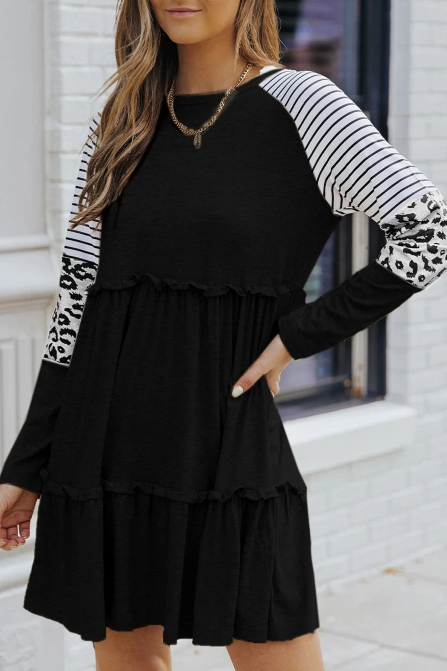 Shewin Women's Black Striped Leopard Print Pleated Long Sleeve Dress