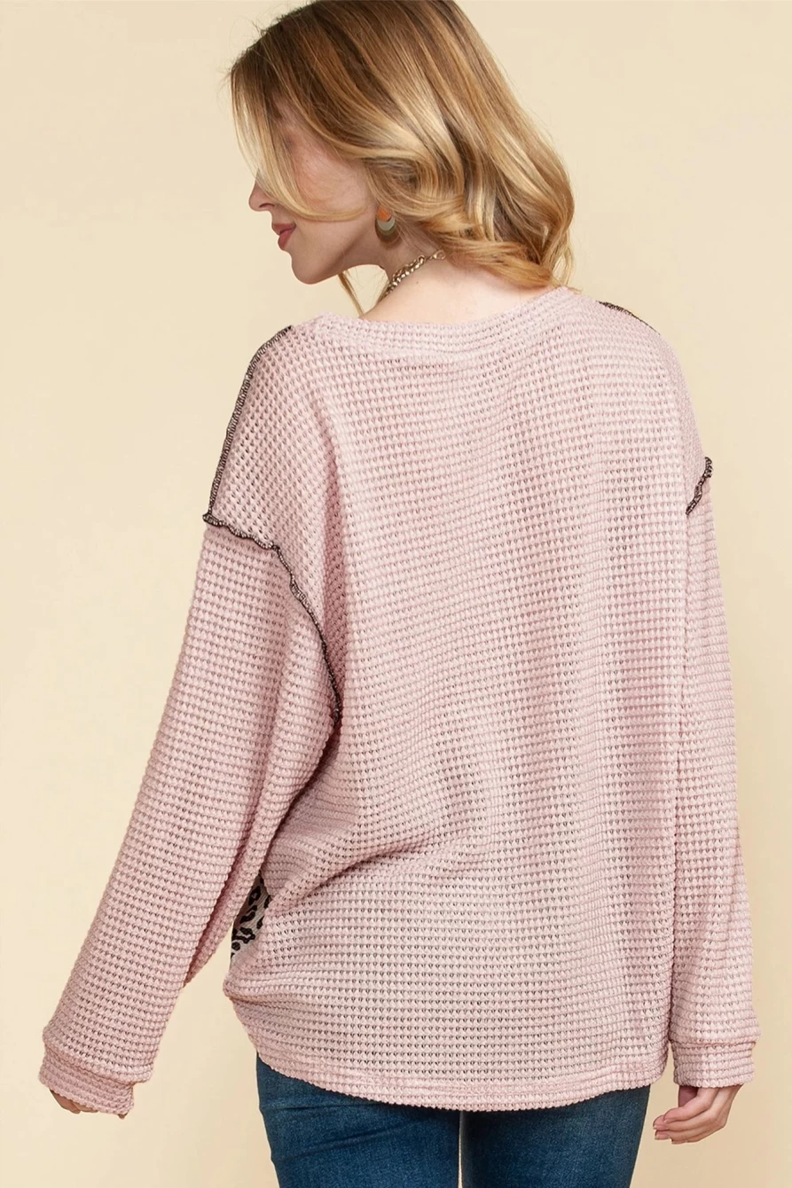 Shewin Women's Pink Leopard Print Waffle Knit Long Sleeve Top