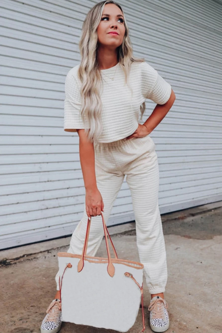 Shewin Women's White Lattice Textured Cropped Tee and Jogger Pants Set