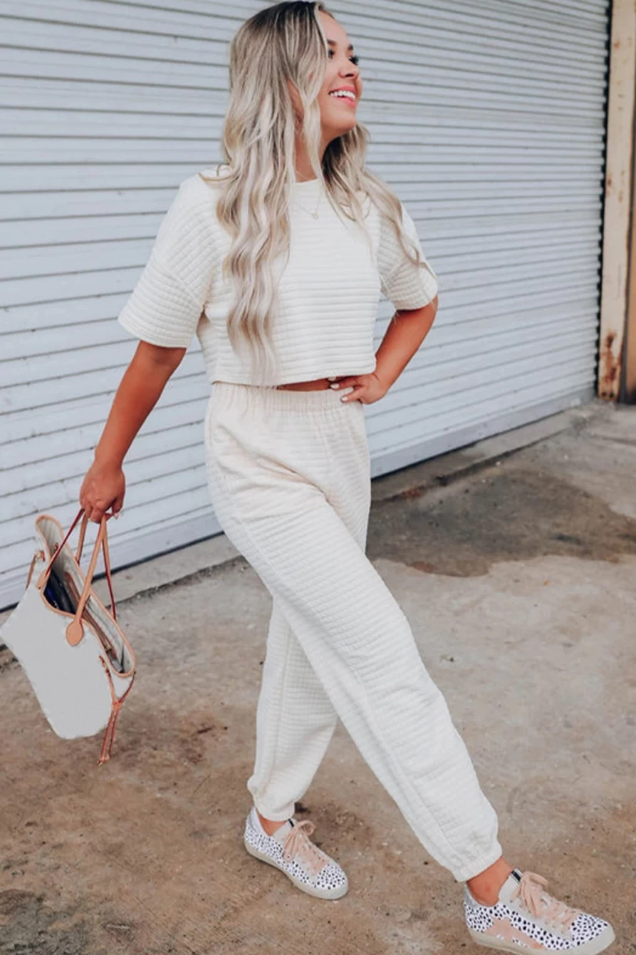 Shewin Women's White Lattice Textured Cropped Tee and Jogger Pants Set