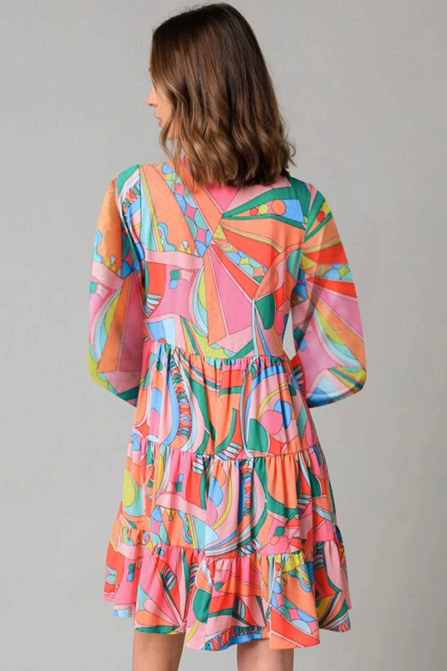 Shewin Women's Multicolor Geometric Print Split Neck Ruffle Tiered Short Dress