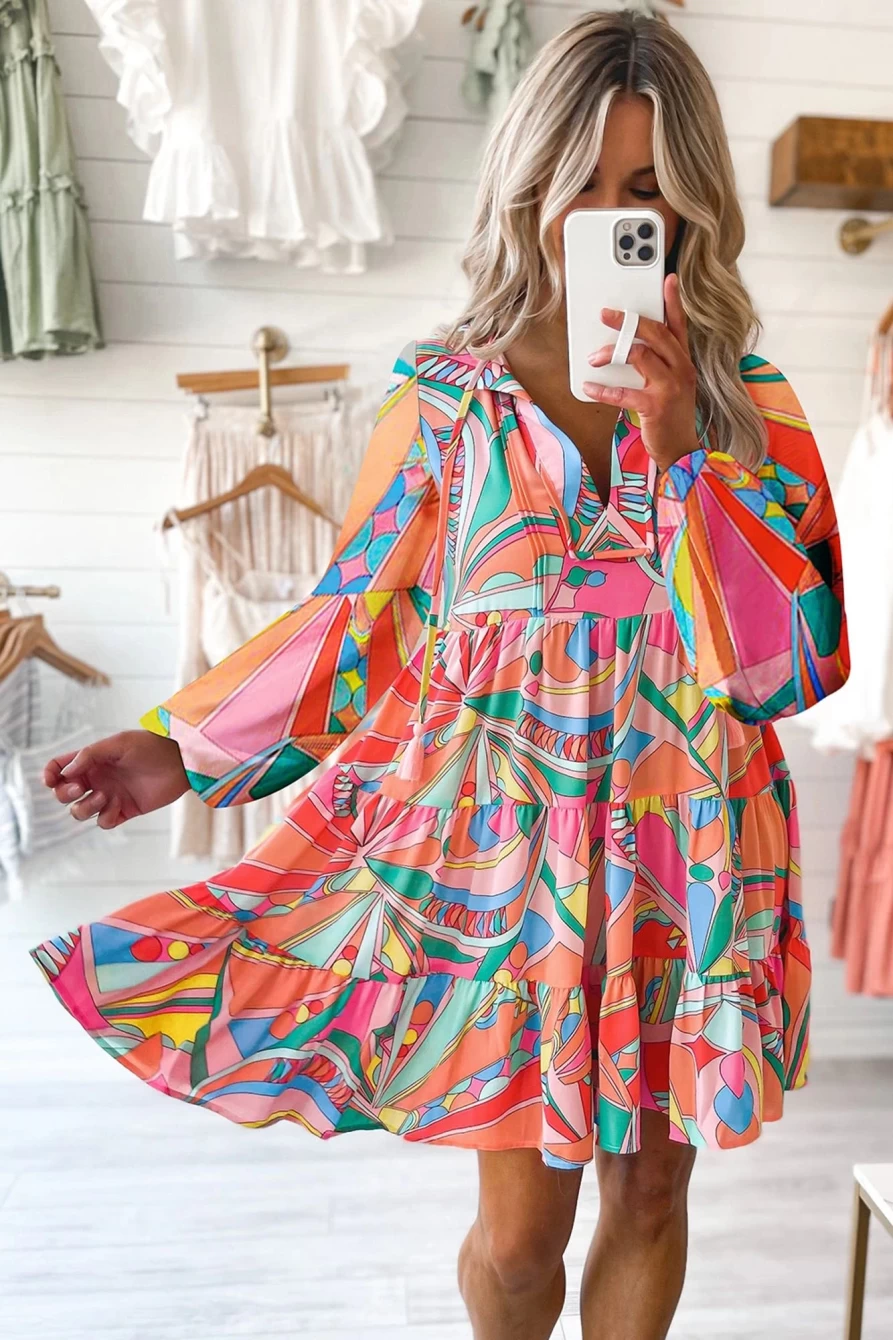 Shewin Women's Multicolor Geometric Print Split Neck Ruffle Tiered Short Dress