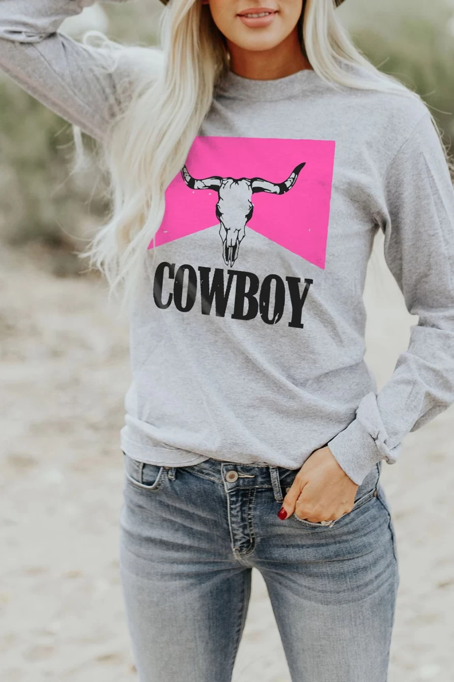 Women's Western Gray Graphic Top with Cowboy Steer Skull Print - Shewin