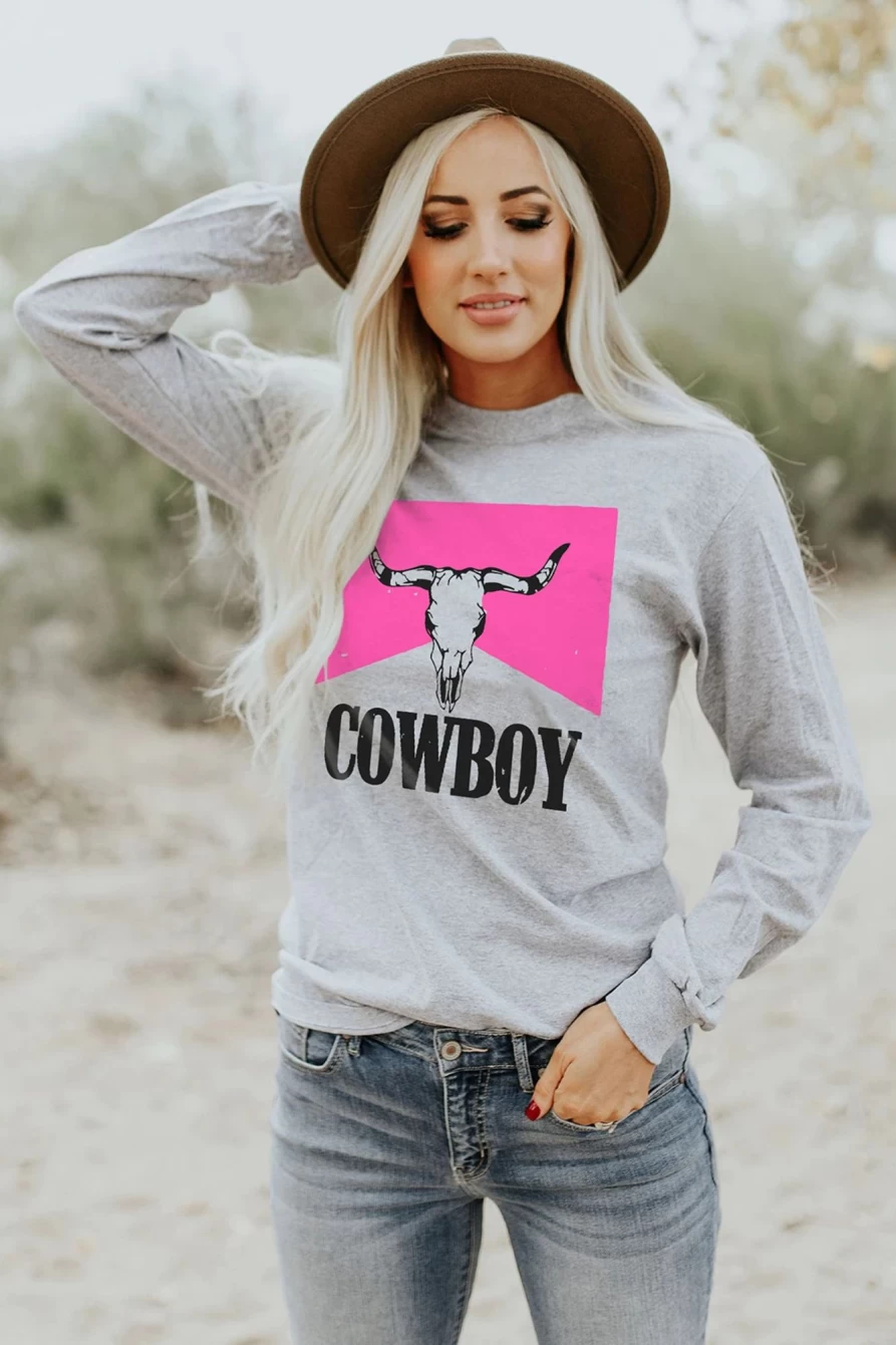 Women's Western Gray Graphic Top with Cowboy Steer Skull Print - Shewin