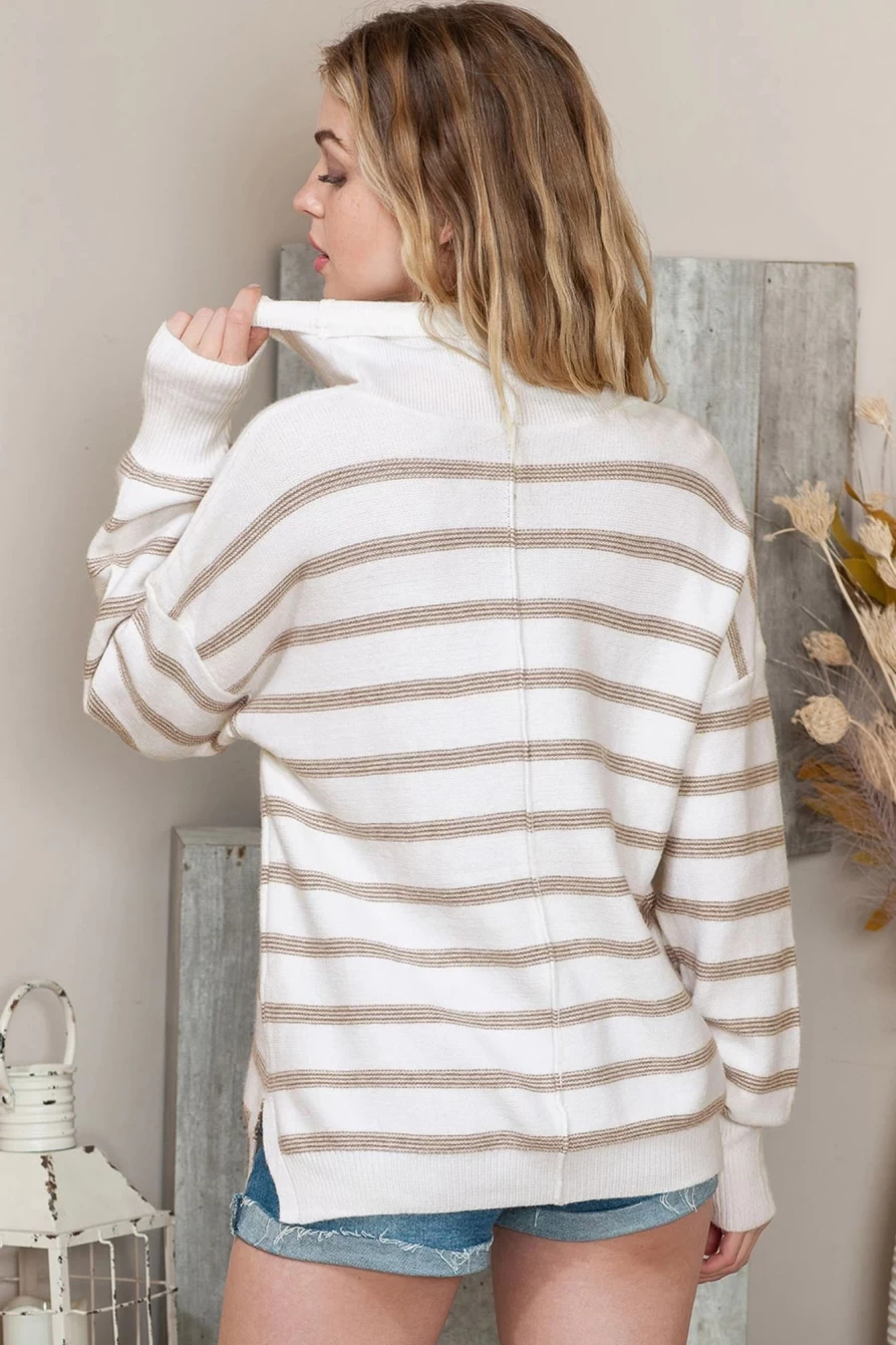 Shewin Women's Striped Casual Long Sleeve Stand Neck Sweater