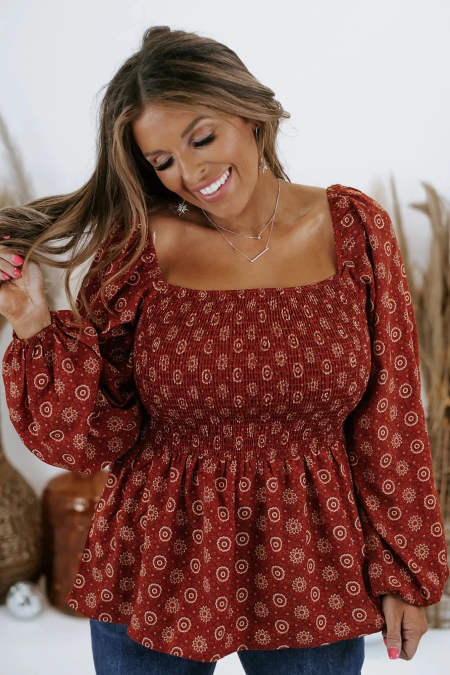 Shewin Women's Red Plus Size Square Neck Printed Peplum Top