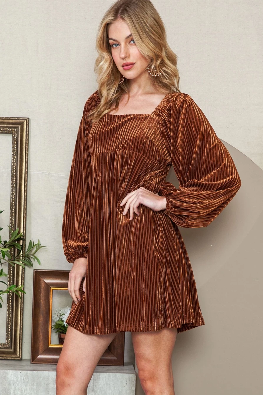 Shewin Women's Brown Square Neck Tie Back Babydoll Dress - Velvet Ribbed Mini Dress for Women