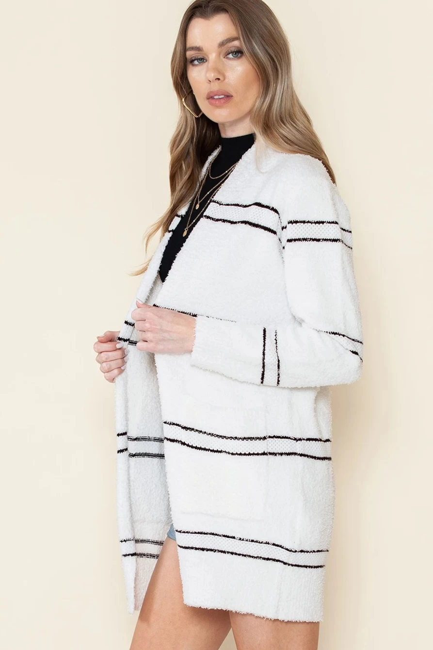 Women's White Striped Furry Open Front Cardigan - Shewin Cozy Knit Sweater