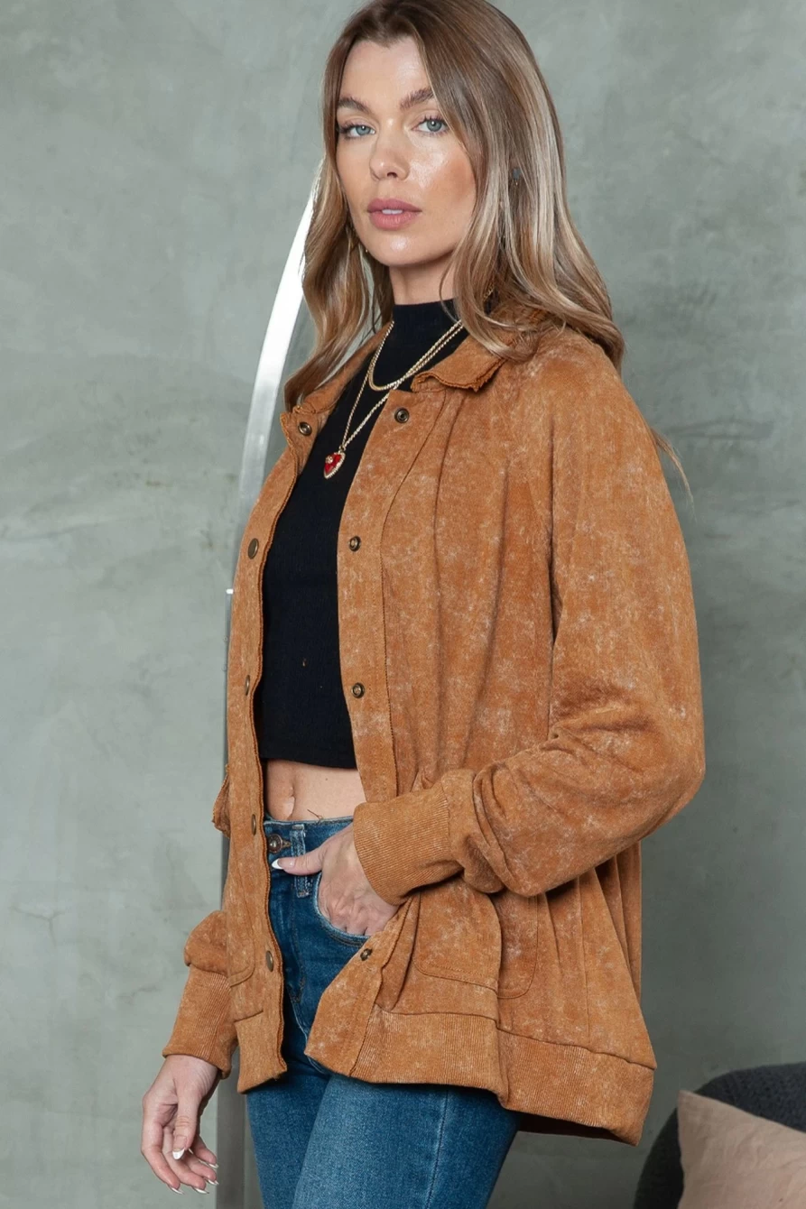 Shewin Women's Khaki Casual Jacket with Snap Buttons & Flap Pockets