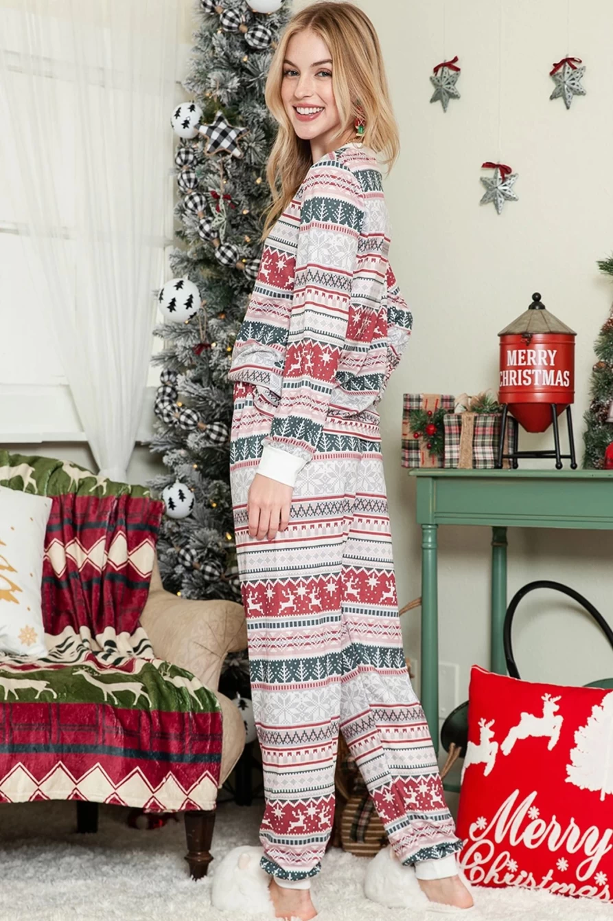 Shewin Women's Gray Christmas Printed Long Sleeve Pajama Set - Cozy Holiday Sleepwear