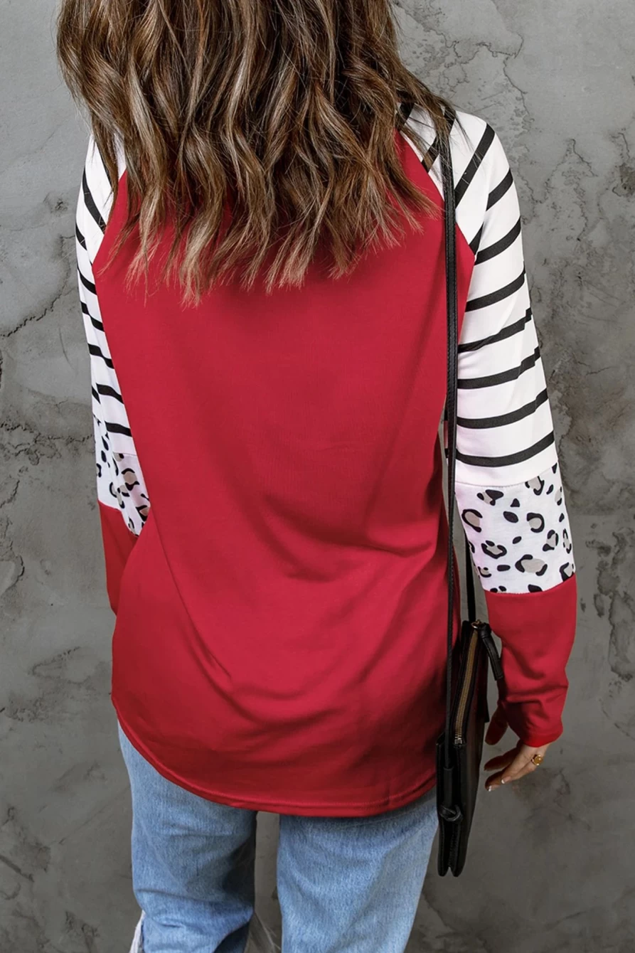 "SheWin Women's Red Leopard Print Christmas Tree Graphic Top - Striped Color Block Blouse"